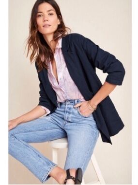 NWT Anthropologie Amadi Kaye Double Breasted Linen Blazer in Navy Large